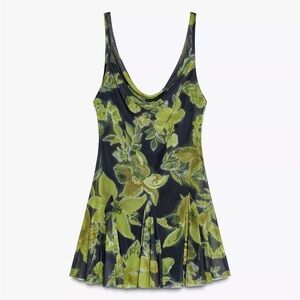 Zara Black and Green Floral Mini Dress
